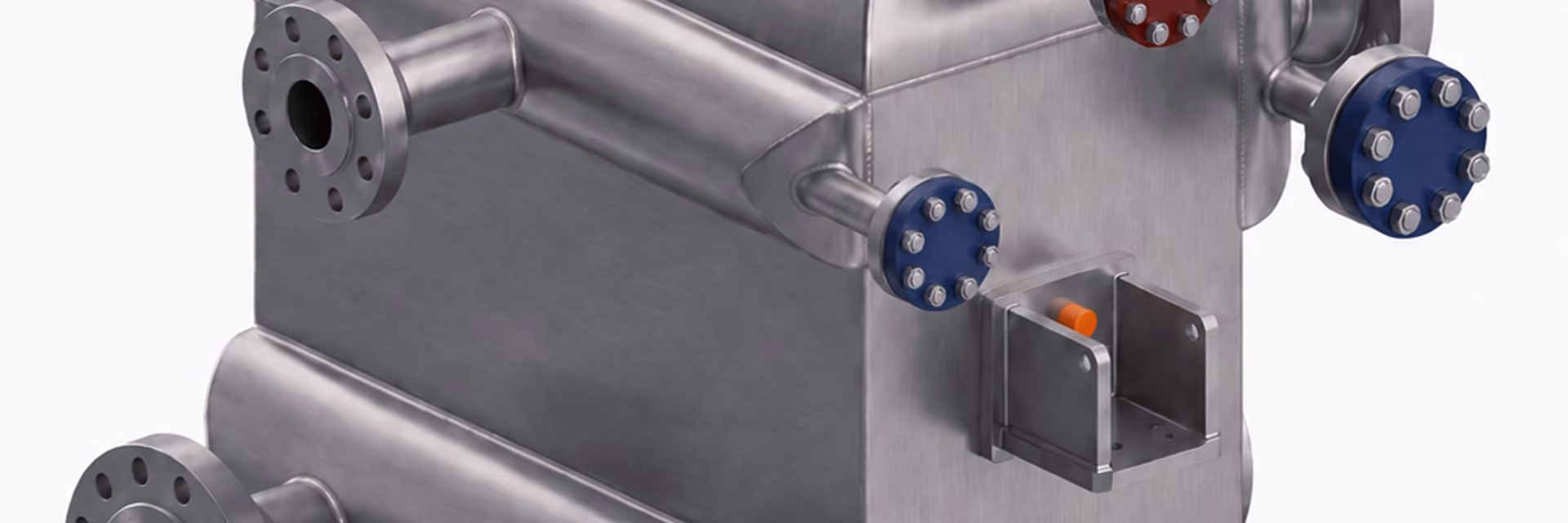 Metal industrial heat exchanger with multiple blue and red capped pipe connections on a light grey background.