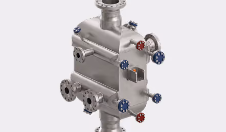 Metal industrial heat exchanger with multiple blue and red capped pipe connections on a light grey background.
