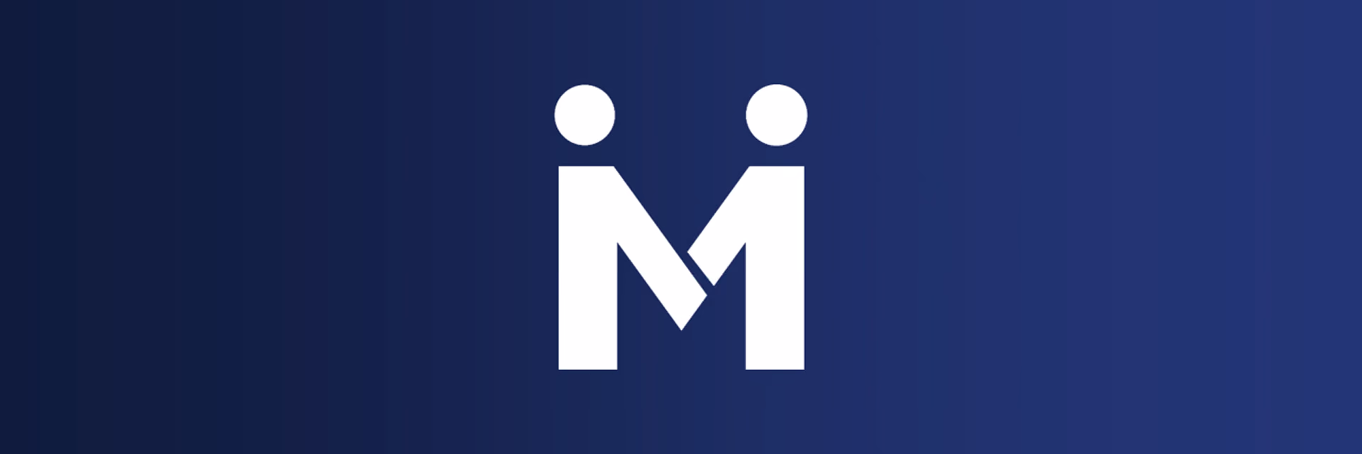 White minimalist icon of two abstract human figures facing each other, holding hands, on a dark blue gradient background.