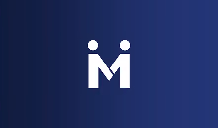White minimalist icon of two abstract human figures facing each other, holding hands, on a dark blue gradient background.
