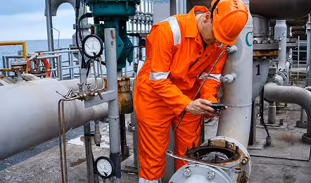Worker in orange protective gear and helmet inspecting equipment and taking notes on an industrial platform with large pipes and gauges.