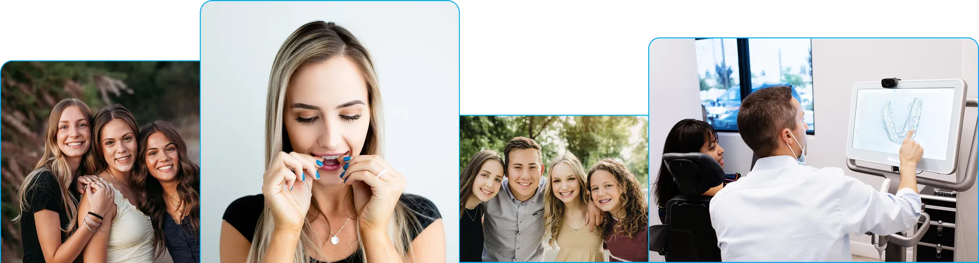 Collage of smiling people: friends outdoors, a woman flossing her teeth, a family portrait, and a dentist showing an X-ray to a patient.