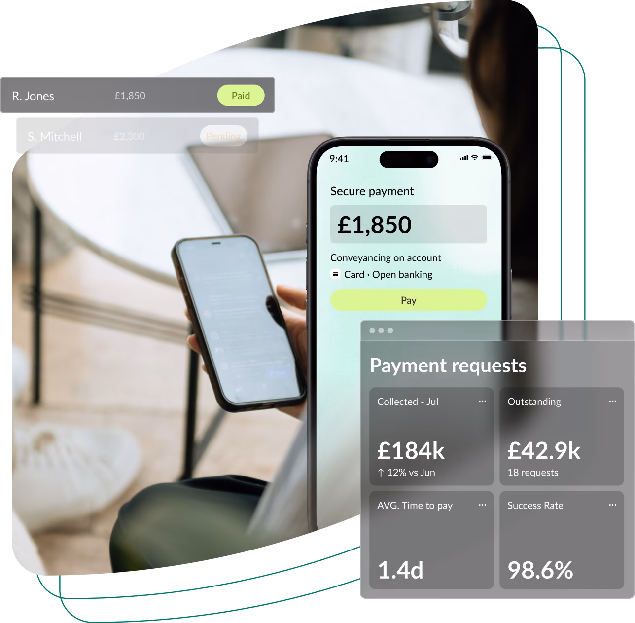 Product screenshot of the payment request screen on desktop and mobile, alternative layout