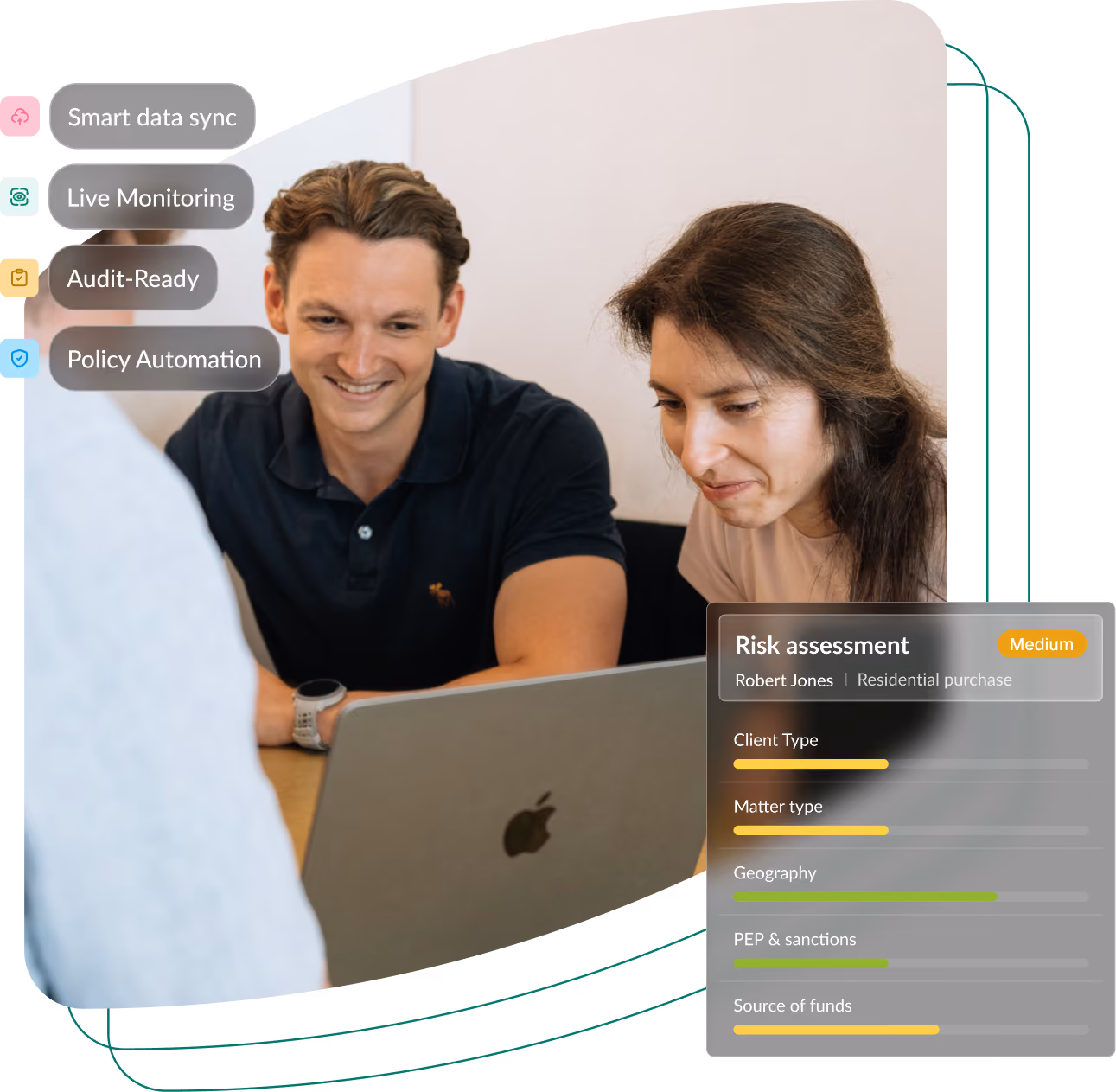 Product screenshot of the risk assessment screen showing client risk scoring