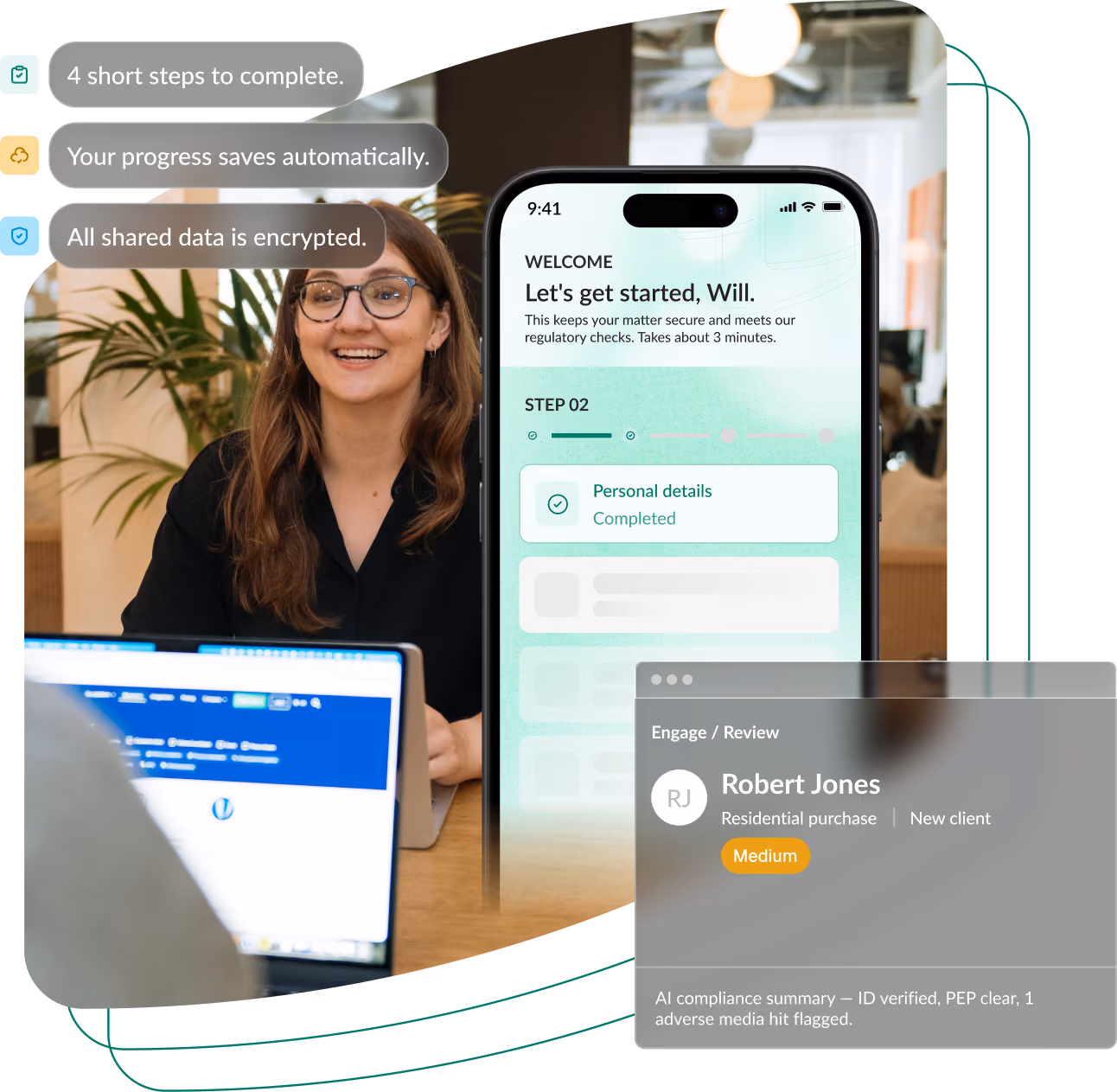 Product screenshot of the onboarding overview dashboard showing client progress