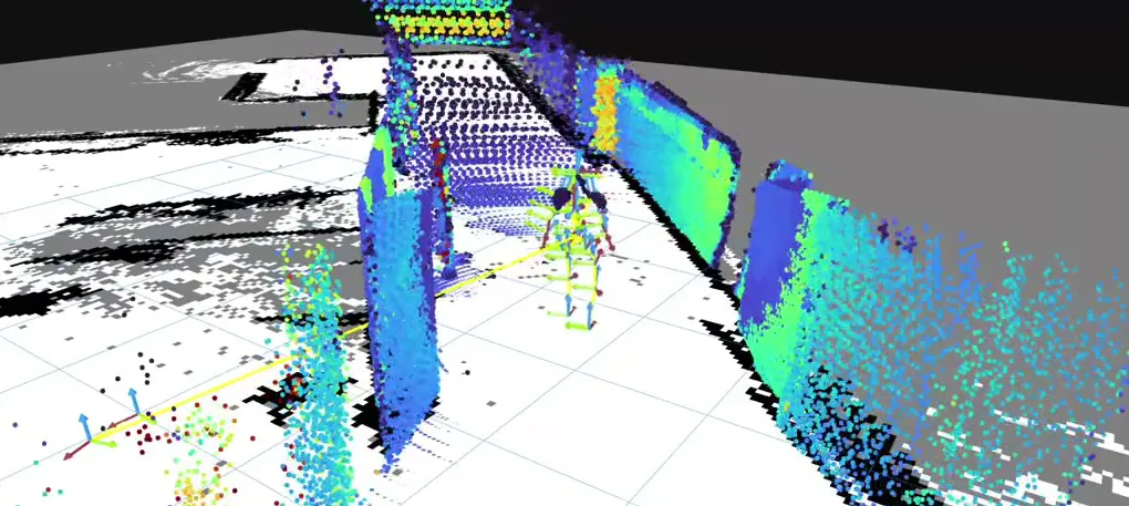 Wheeled autonomous mobile robot moving down a warehouse aisle