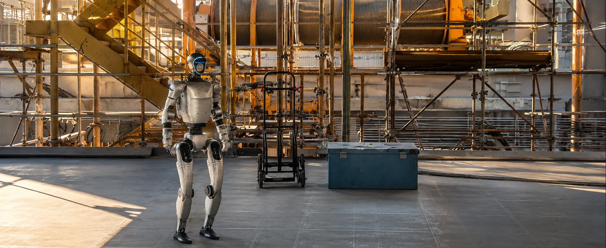 A mobile robot in a warehouse aisle with two workers walking beside it, each person tracked and their path predicted
