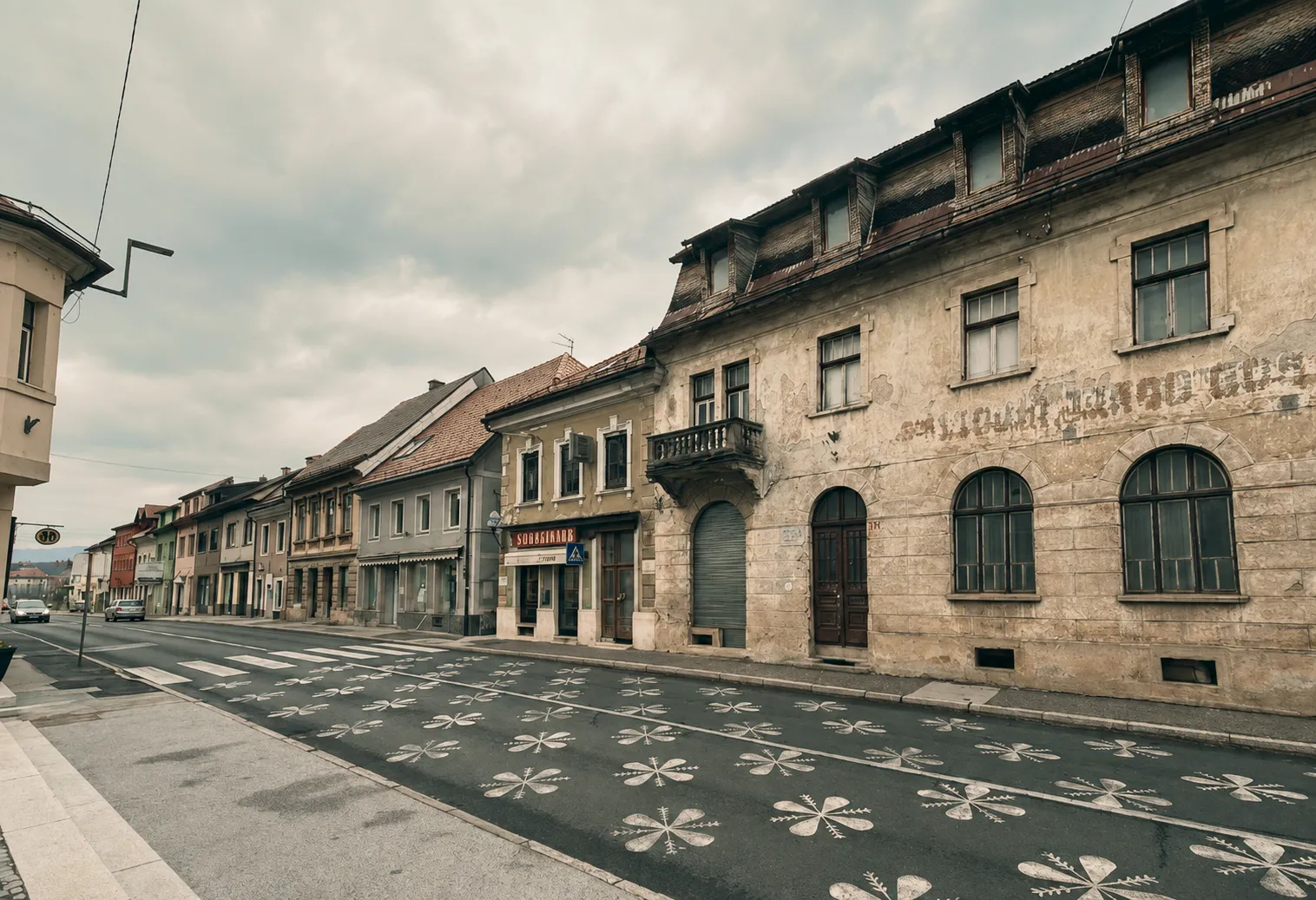 Črnomelj. Ulica z zgodovinskimi stavbami in utrujenim fasadami ob oblačnem vremenu, cestišče pa je okrašeno z belimi cvetličnimi vzorci.