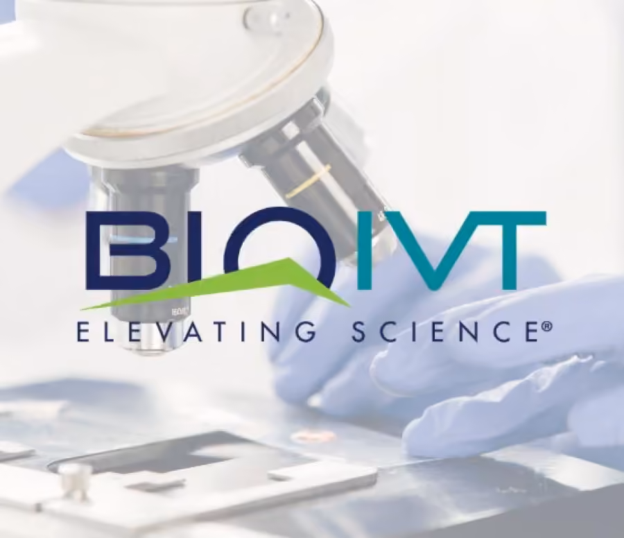 Close-up of a microscope with gloved hands adjusting a sample on the microscope stage, overlaid with the BioIVT logo and the tagline 'ELEVATING SCIENCE'.