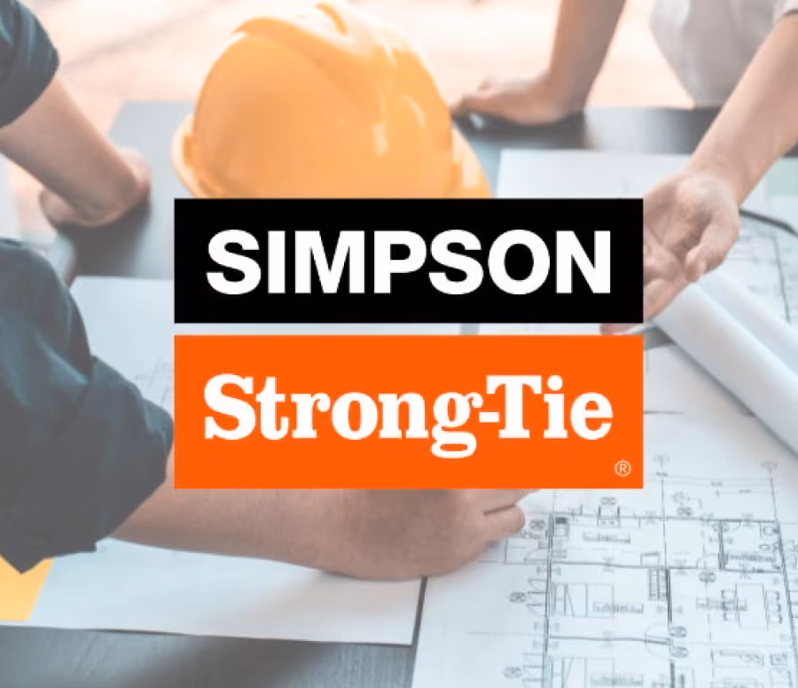 Two people at a table reviewing architectural blueprints with a yellow construction helmet nearby, overlaid with the Simpson Strong-Tie logo in bold black and orange blocks.