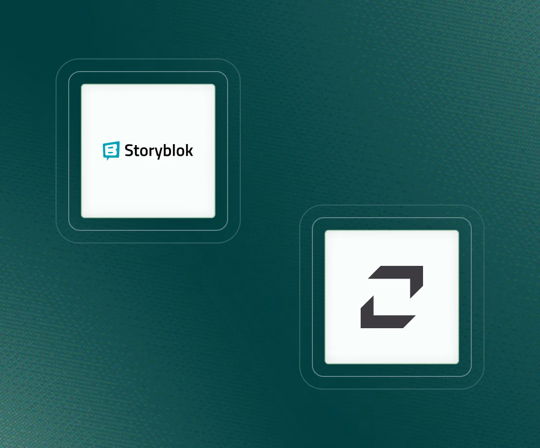 Two white square icons on a green gradient background with circular overlay. The left icon shows the Storyblok logo with a speech bubble containing a stylized letter B followed by the word Storyblok. The right icon displays a black angular arrow symbol pointing upward and downward in a square shape.