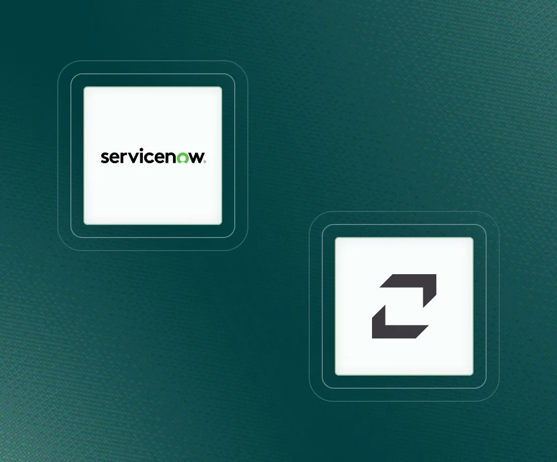 Two squares with rounded corners on a green dotted background, one featuring the ServiceNow logo with black text and a green 'o', and the other featuring a black stylized arrow design.