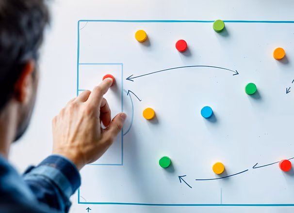 Person moving a red magnet on a whiteboard with a soccer field diagram and various colored magnets representing player positions and movements.