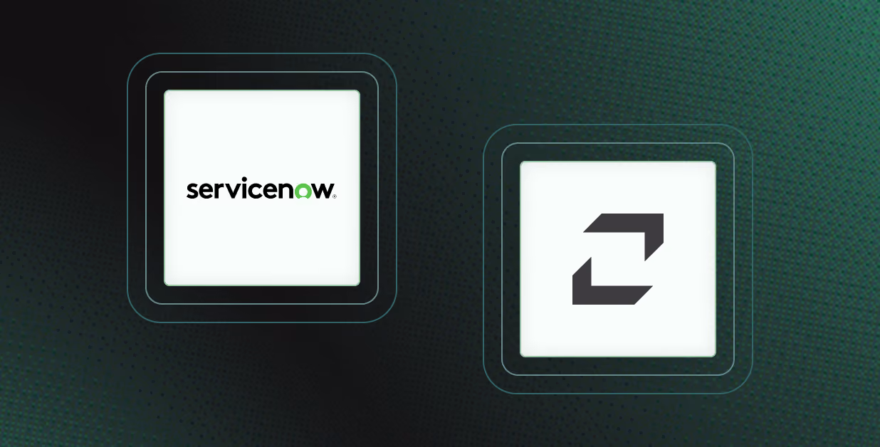 Two white squares side by side on a dark green dotted background; left square contains the ServiceNow logo with the text 'servicenow' and a green circular arrow forming part of the letter 'o', right square shows an icon with two black arrows forming a square loop.