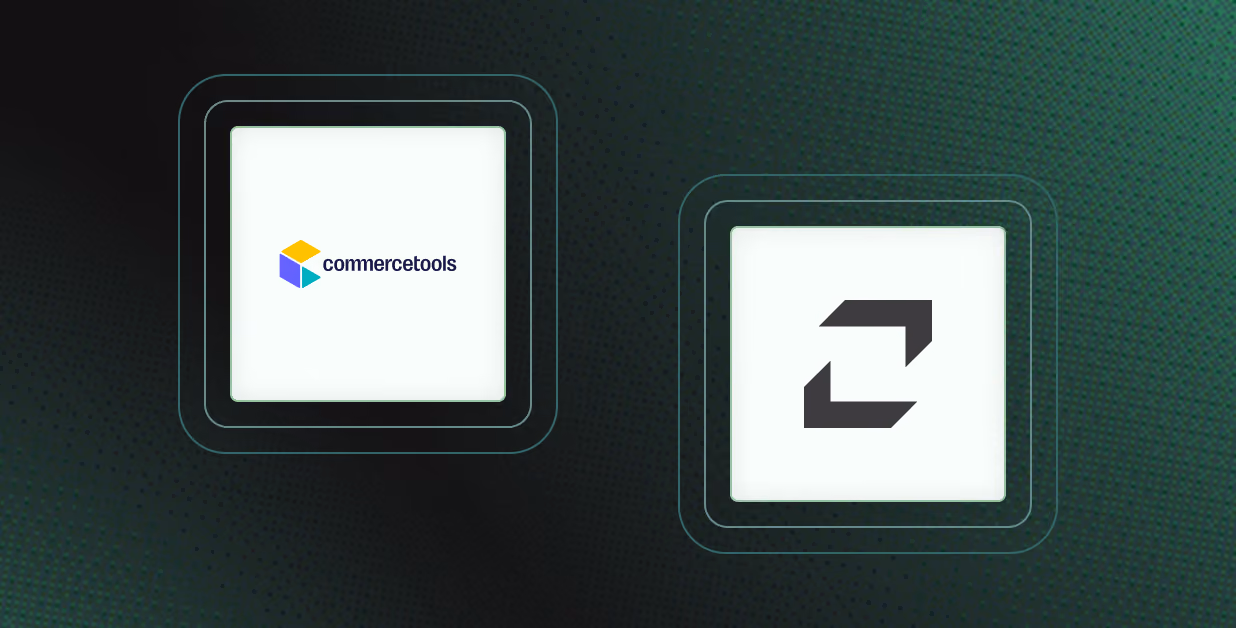 Two square icons on a dark green dotted background; the left icon shows the commercetools logo with a three-colored cube and text, the right icon depicts two black arrows pointing diagonally opposite directions forming a square shape.