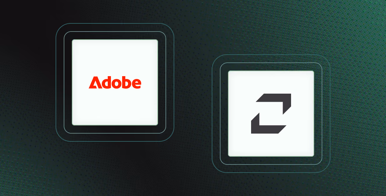Two white squares on a black and green dotted background; the left square displays the red Adobe logo, and the right square shows a black square with a white border containing two gray arrows forming a square loop.