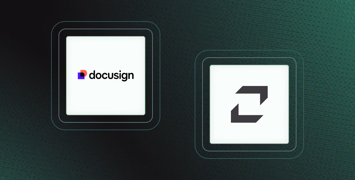 Two white square tiles on a dark green and black textured background, the left tile shows the DocuSign logo with a stylized D in red and blue followed by the word 'docusign', the right tile displays a black stylized square with two opposing arrows indicating a cycle or exchange.