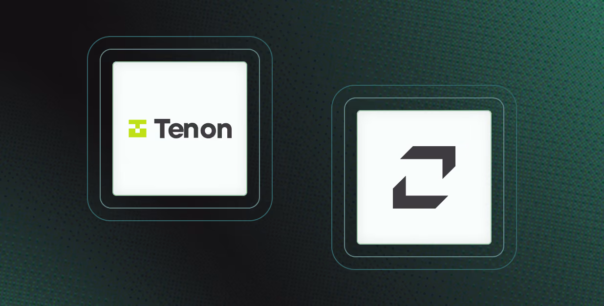 Two adjacent white squares on a dark green and black gradient background, the left square contains a lime green and dark gray Tenon logo with the word 'Tenon', the right square contains a dark gray icon with two opposing angled arrows forming a rectangle.