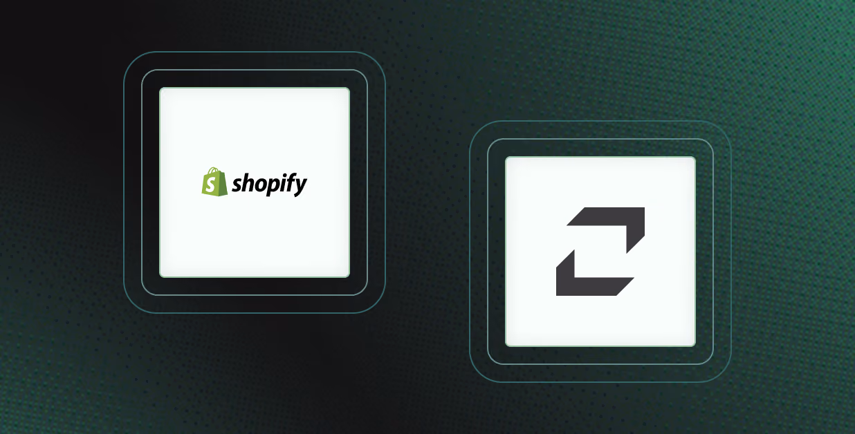 Two square icons on a dark green and black gradient background with dotted texture: the left icon shows the Shopify logo with a green shopping bag and the word 'shopify'; the right icon features a black abstract design with two arrows pointing diagonally opposite.