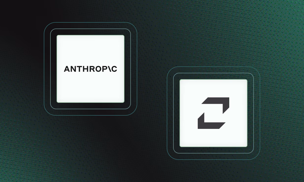 Two white squares on a dark green and black gradient background with dotted texture; the left square contains the word 'ANTHROPIC' in bold black letters and the right square features a black icon of two opposing diagonal arrows forming a square.