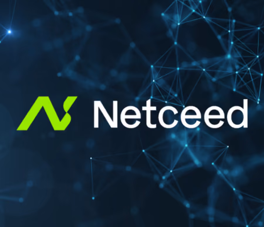 Green stylized 'N' logo next to the word 'Netceed' in white on a dark background with interconnected blue light points and lines resembling a network.