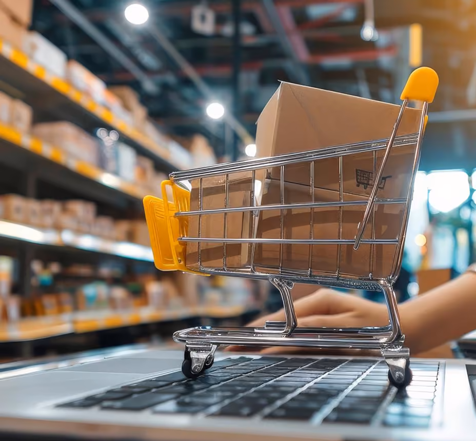 Miniature shopping cart with cardboard boxes on a laptop keyboard, symbolizing online shopping or e-commerce, with blurred warehouse shelves in the background.