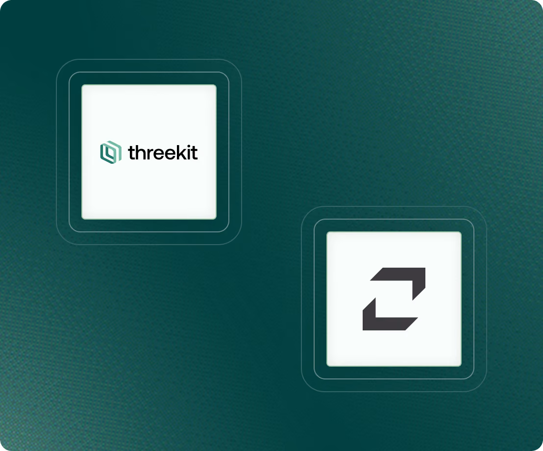 Dark green background with two white squares featuring logos: the left shows the Threekit logo with an abstract geometric icon and text, the right shows a black stylized exchange or refresh arrow symbol.