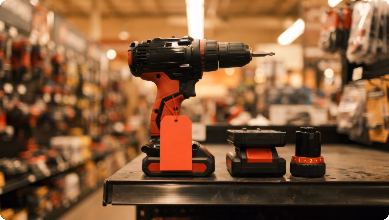 Cordless electric drill with a red price tag and two separate drill battery components on a store counter, with shelves of tools blurred in the background.