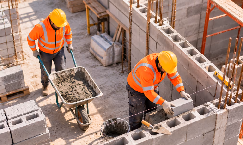 Two construction workers in orange safety jackets and yellow helmets building a concrete block wall, one placing a block and the other pushing a wheelbarrow filled with mortar.