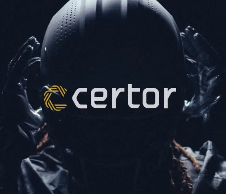 Dark, back-lit image of a person wearing a helmet and gloves with the word 'certor' and a gold logo overlayed in the center.