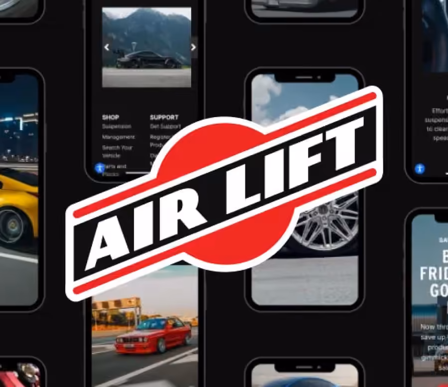 Collage of smartphones displaying car images and text screens with a large red and white 'AIR LIFT' logo overlay in the center.