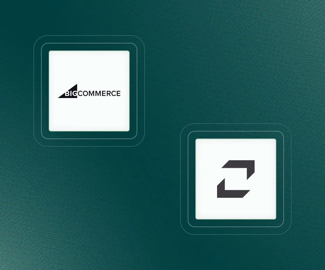 Two square icons on a green textured background: the left icon shows the BigCommerce logo with the word 'BIG' in bold next to a black triangle and 'COMMERCE' in regular font, and the right icon features a black symbol of two angular arrows forming a square.