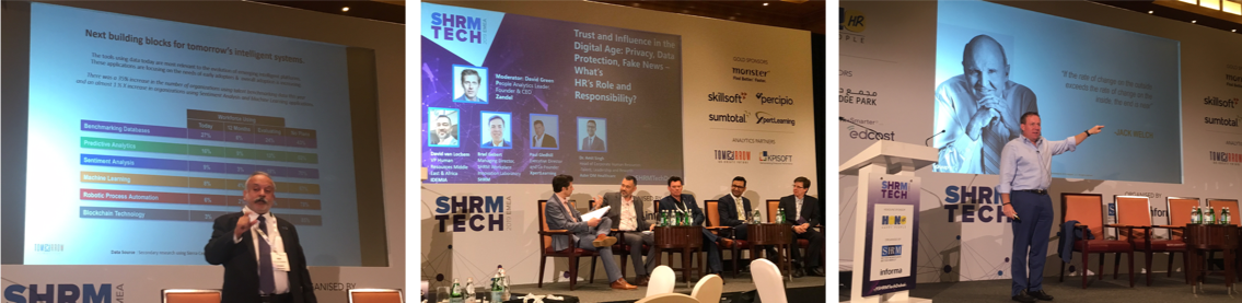  Speakers at SHRM Tech Dubai (L to R): Prithvi Shergill, the panel on Trust with David Green, David van Lochem, Paul Gledhill, Amit Singh and Brad Gerbert; and Jason Averbook 
