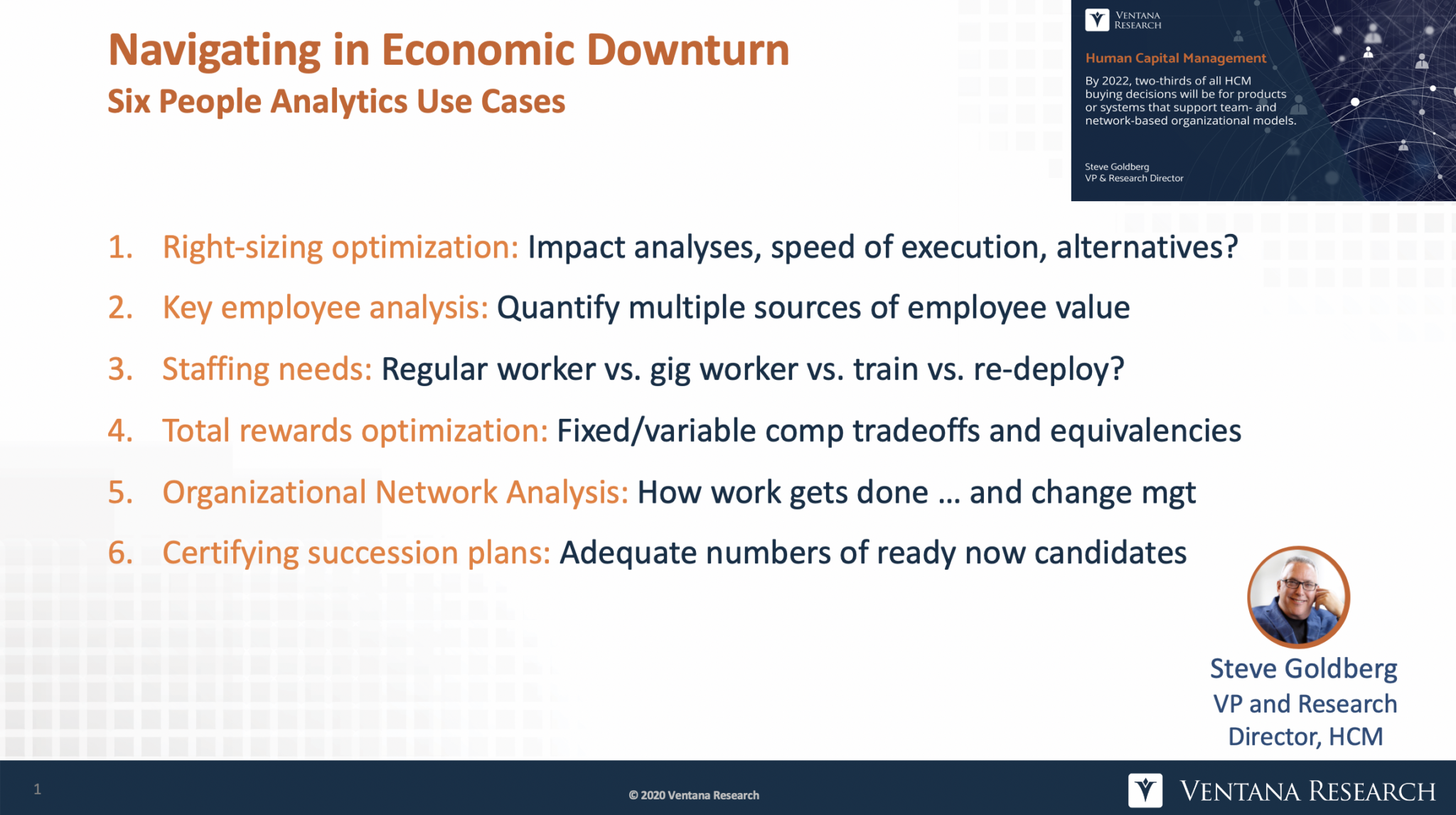FIG: Six People Analytics use cases for navigating an economic downturn (Source: Steve Goldberg, Ventana Research)
