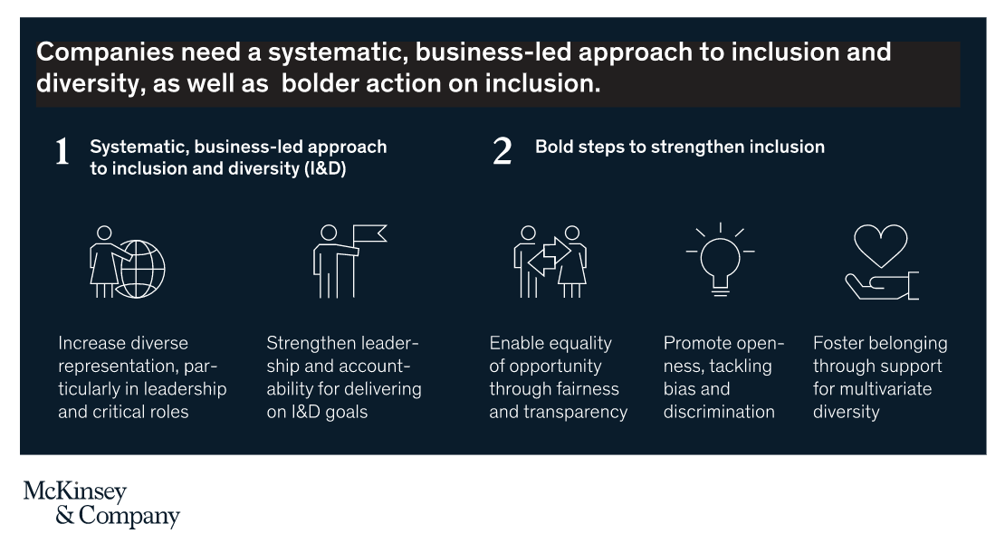 FIG 2: Companies need a systematic, business-led approach to I&D, and bolder action on inclusion (Source: McKinsey)