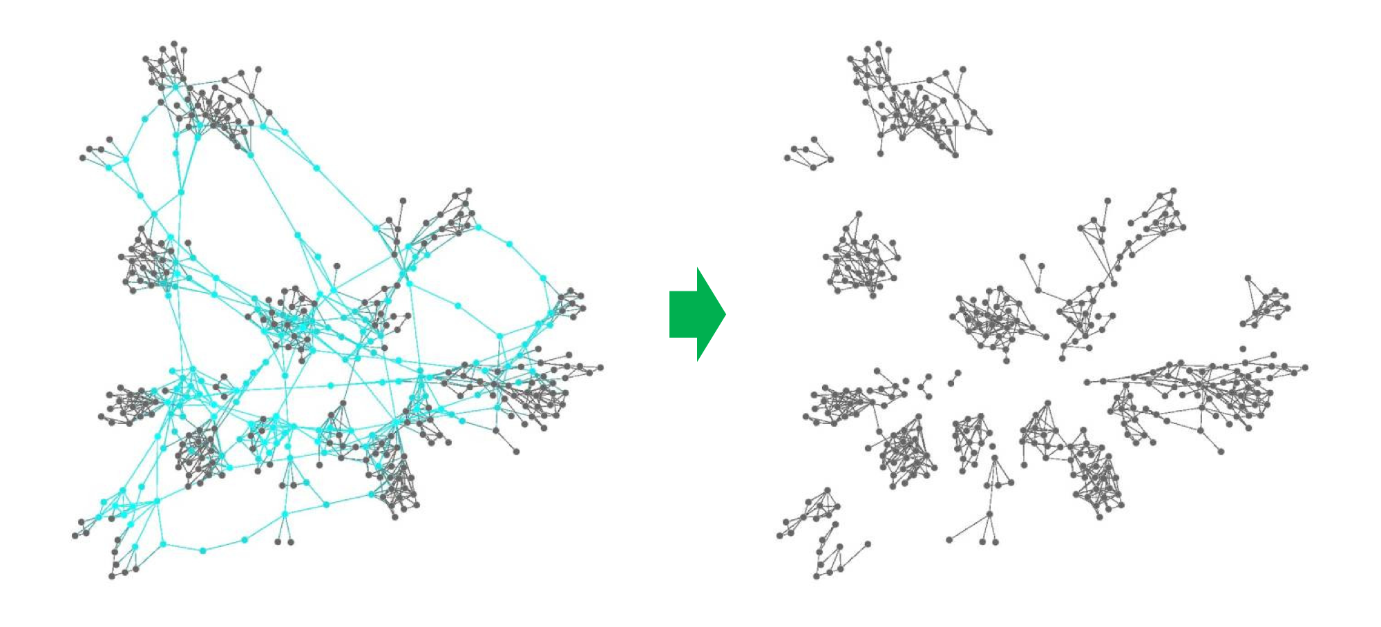FIG 2: Example of how removing 30 bridge connections causes a healthy network to decay and become fragmented (Source: Michael Arena)