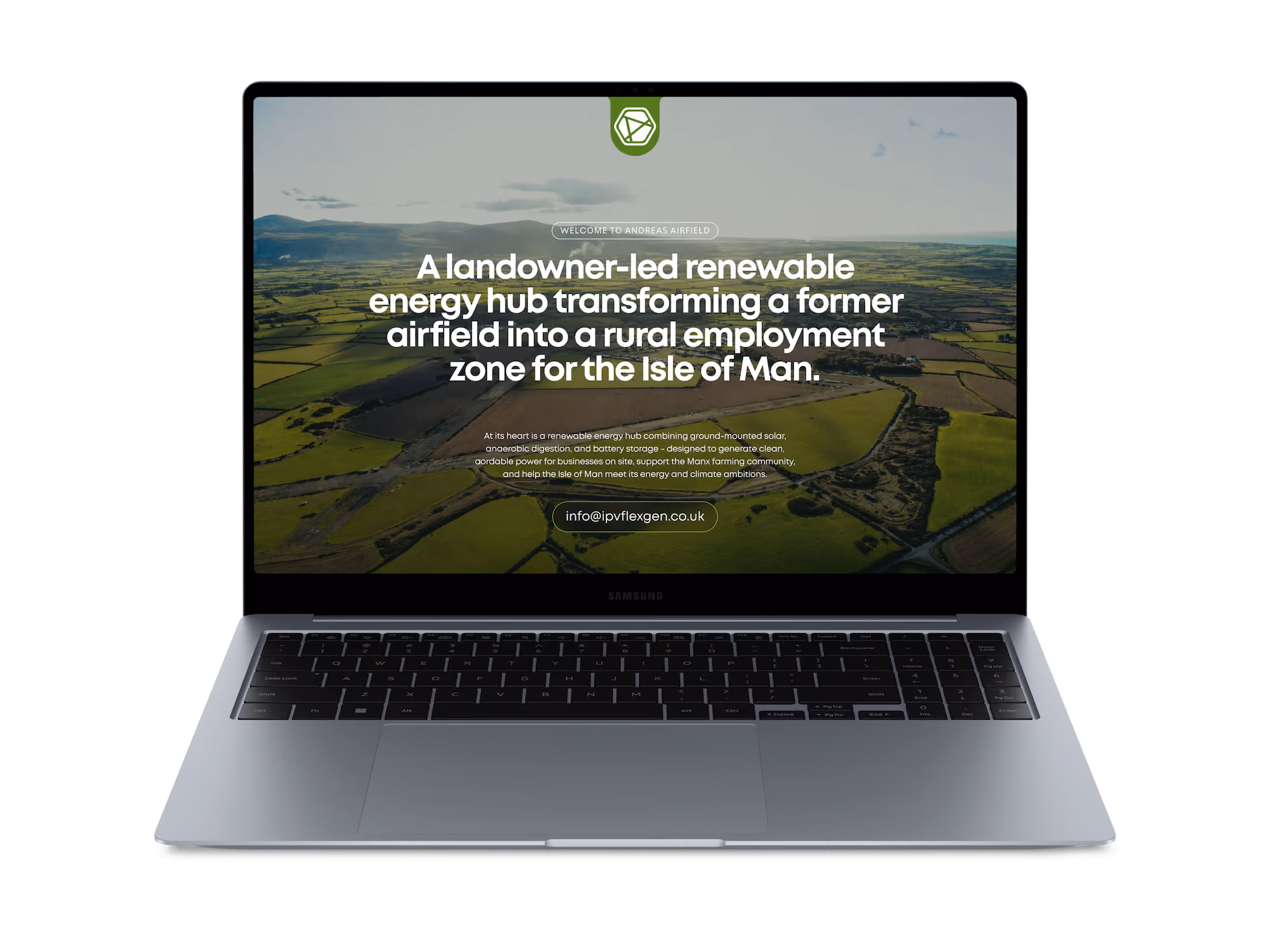 Laptop screen showing text about a landowner-led renewable energy hub on the Isle of Man.