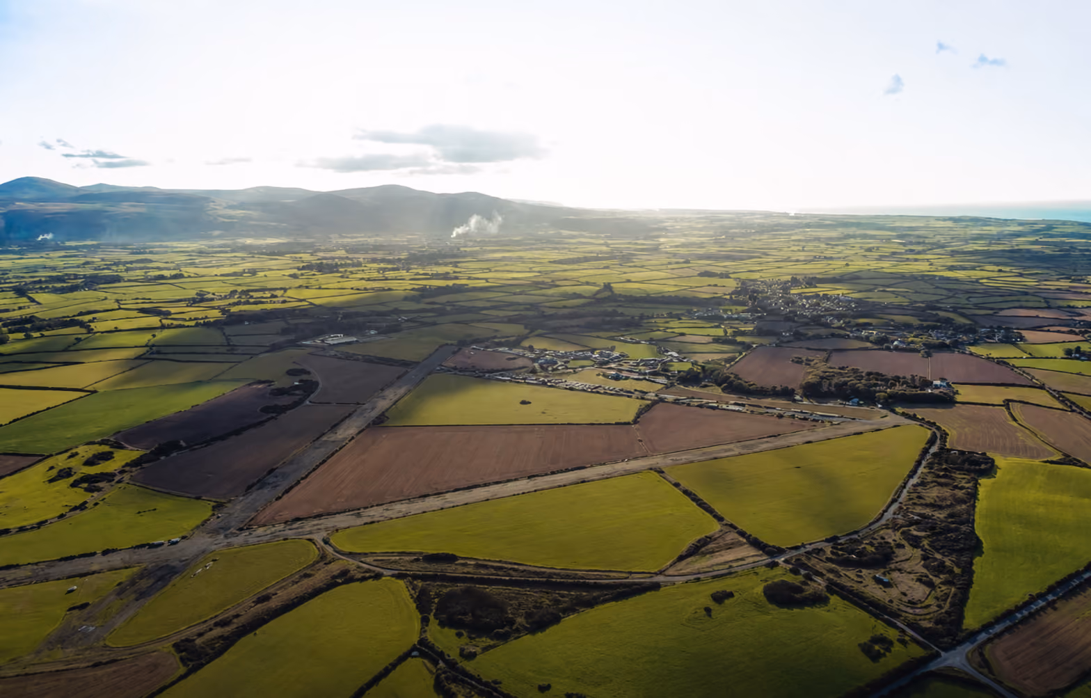 Aerial view of green and brown agricultural fields divided by hedgerows under a bright sky.