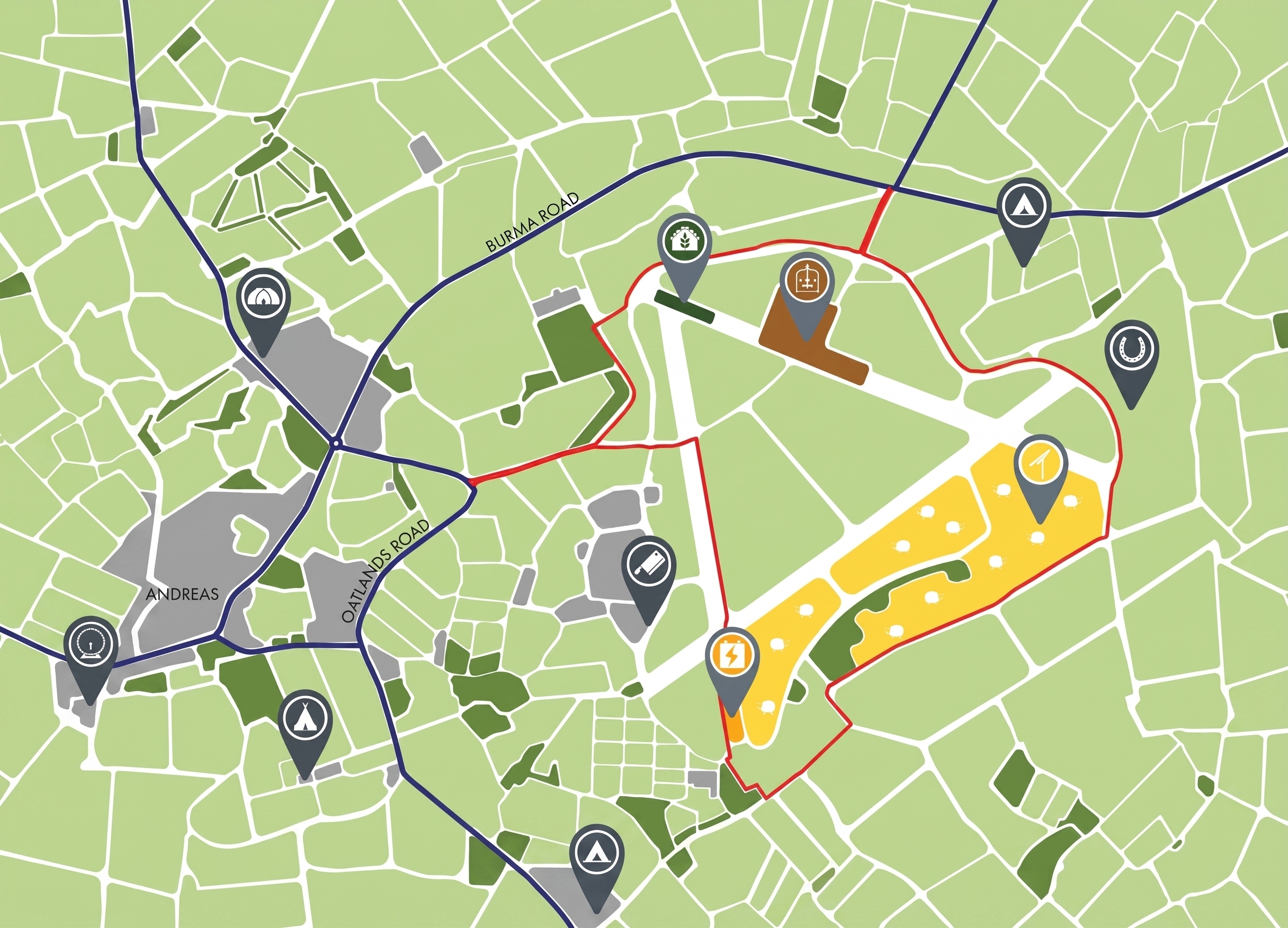 Map showing green fields, roads, paths, and icons for housing, farming, utilities, and leisure areas.