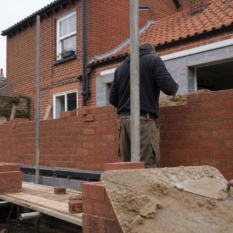 Bricklayers building the brick outer skin of a single storey rear extension on a detached Victorian house in Bury St Edmunds