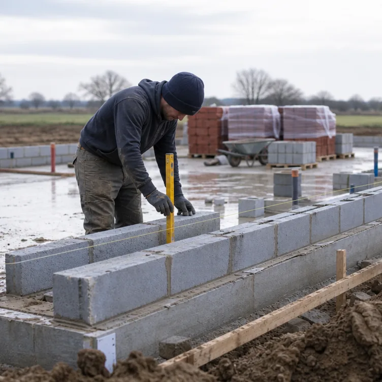Blockwork rising from fresh foundations for a detached new build home on a cleared rural plot in the Suffolk countryside