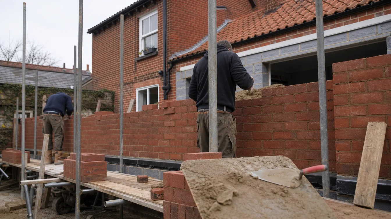 Bricklayers building the brick outer skin of a single storey rear extension on a detached Victorian house in Bury St Edmunds