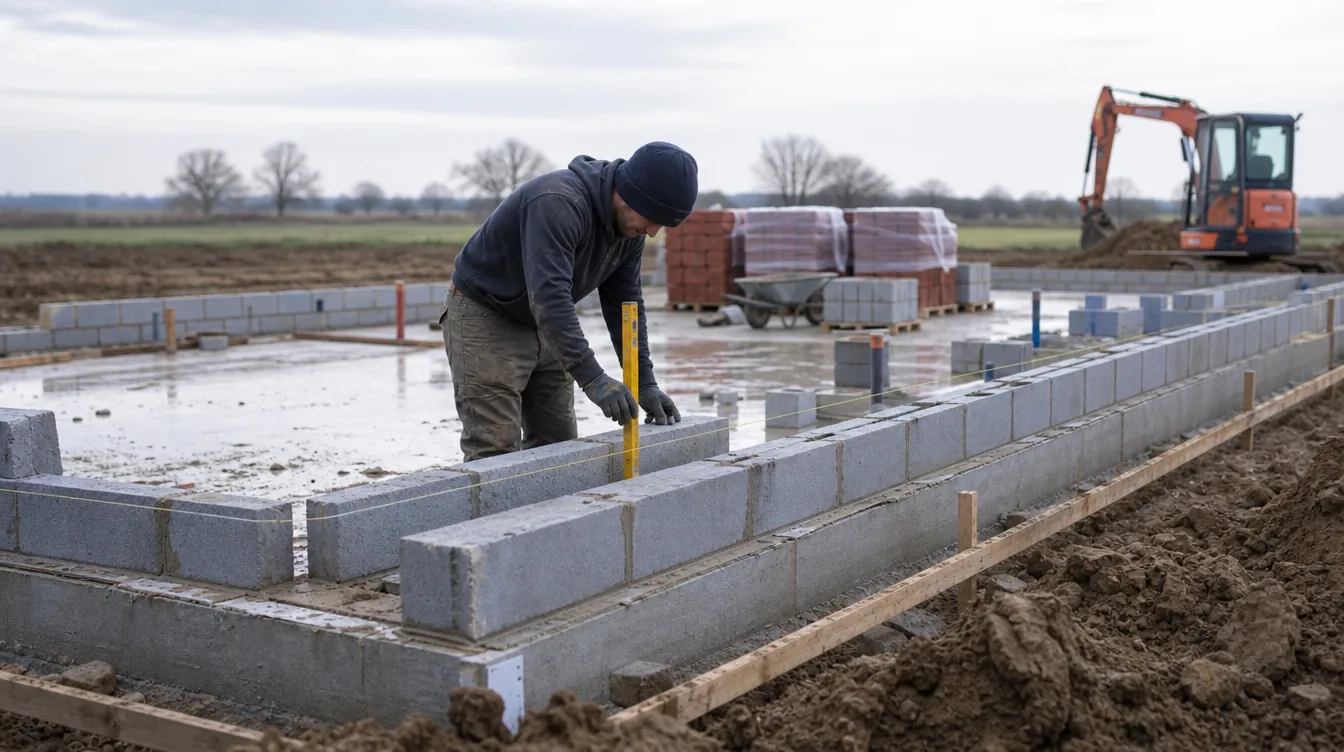 Blockwork rising from fresh foundations for a detached new build home on a cleared rural plot in the Suffolk countryside