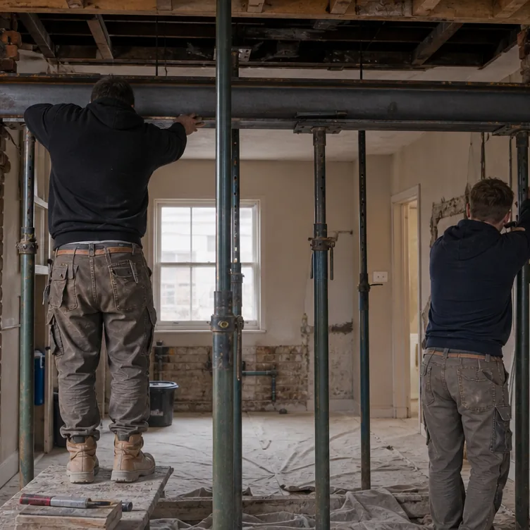 Builders fitting a steel beam into a knock-through opening during a house renovation in Bury St Edmunds