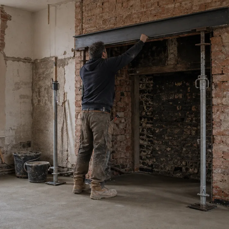 Kitchen fitters setting a steel lintel above a chimney breast opening in a stripped-out Bury St Edmunds kitchen
