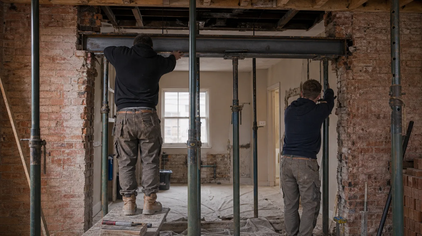 Builders fitting a steel beam into a knock-through opening during a house renovation in Bury St Edmunds