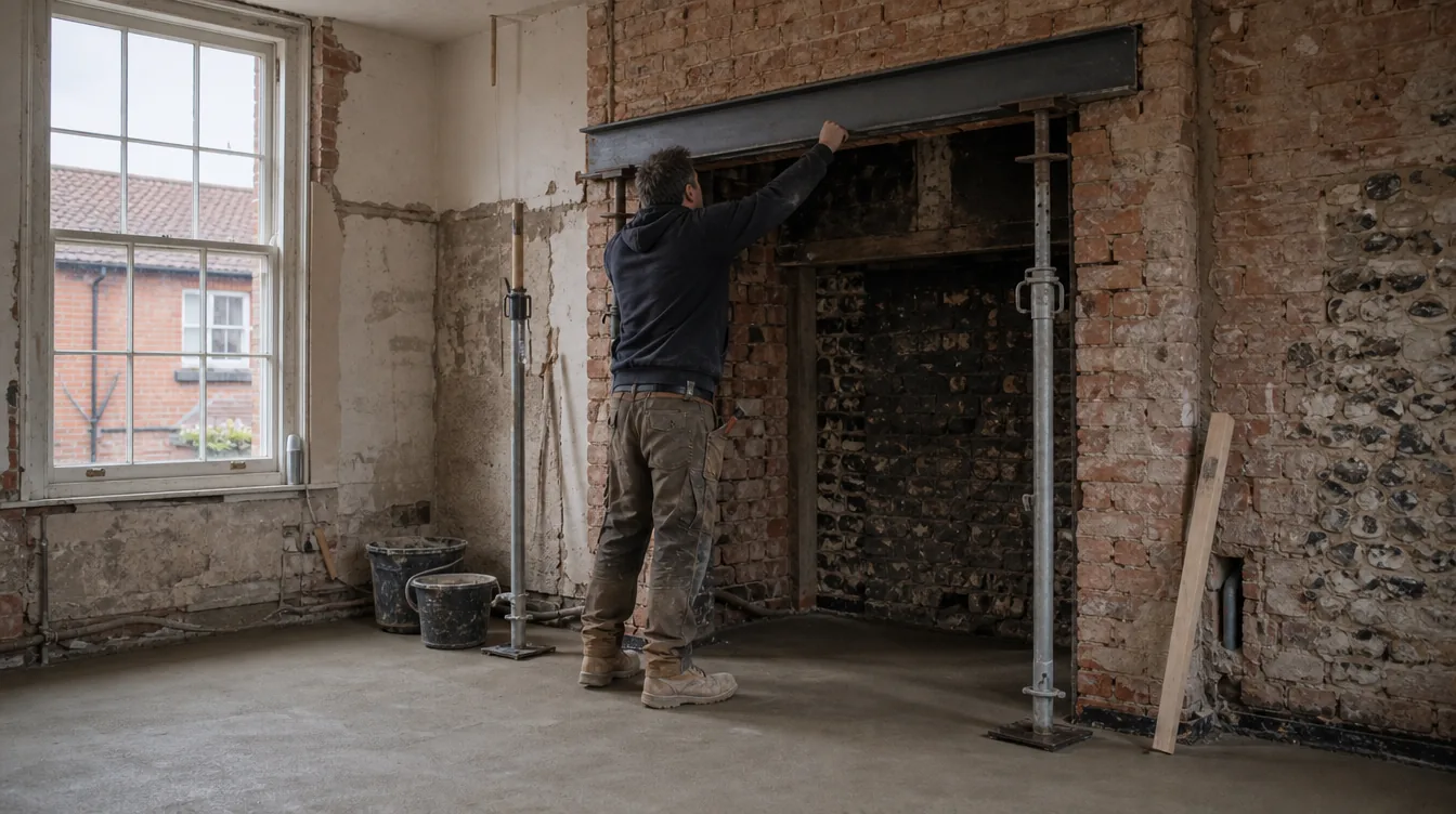 Kitchen fitters setting a steel lintel above a chimney breast opening in a stripped-out Bury St Edmunds kitchen