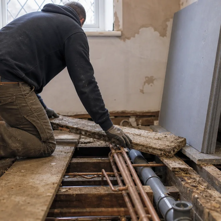 Bathroom fitter lifting floorboards to expose joists and new waste pipework during a bathroom refit in Bury St Edmunds