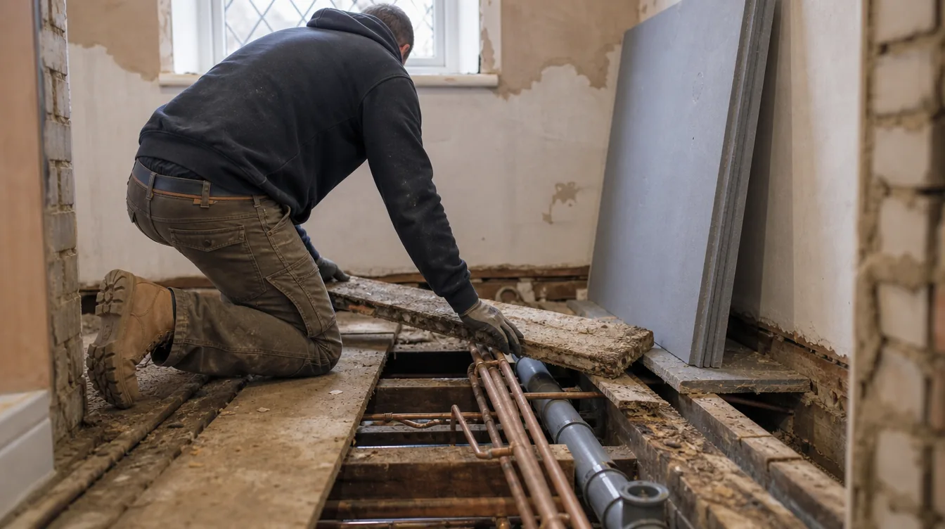 Bathroom fitter lifting floorboards to expose joists and new waste pipework during a bathroom refit in Bury St Edmunds