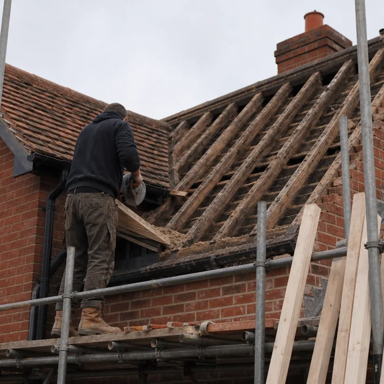 Builder cutting roof timbers for a dormer loft conversion on a detached red brick house in Bury St Edmunds